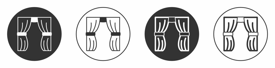 Black Circus curtain raises icon isolated on white background. For theater or opera scene backdrop, concert grand opening or cinema premiere. Circle button. Vector