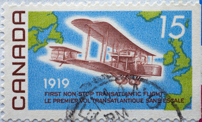CANADA - CIRCA 1969: a postage stamp from CANADA , showing a historic biplane aircraft 50th...