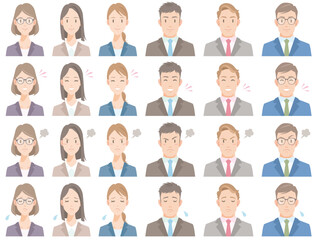 Various facial expressions of business people. Smile, joy, anger, sadness. Flat vector illustration isolated on white background.