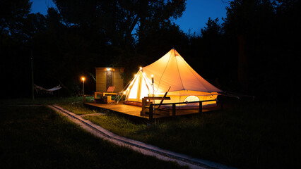 Tent at glamping, dusk