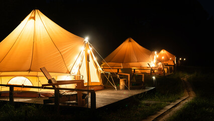 Tents at glamping, night