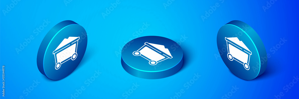 Wall mural isometric mine coal trolley icon isolated on blue background. blue circle button. vector