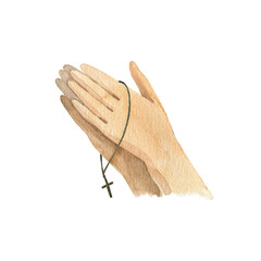 Human hands in prayer. Watercolor illustration. Hand drawn religious element.