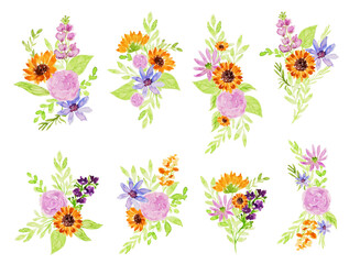 set of beautiful flower watercolor arrangement