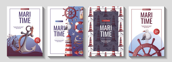 Set of flyers with lighthouse, ship's steering wheel, anchor, lifebuoy, sand bottle, corals, seagulls, seashells. Maritime, sea coast, marine life, nautical concept. Vector illustrations.