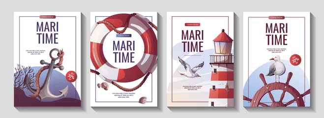 Fotobehang Set of flyers with lighthouse, ship's steering wheel, anchor, lifebuoy, corals, seagulls, seashells. Maritime, sea coast, marine life, nautical concept. Vector illustrations. © TatyanaYagudina