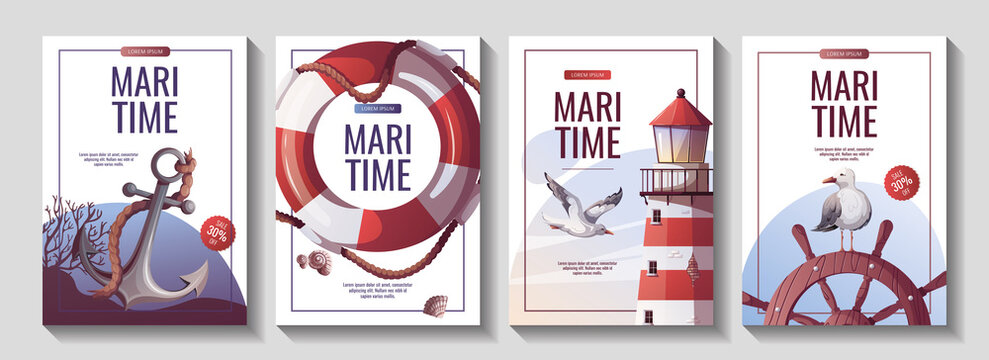 Set of flyers with lighthouse, ship's steering wheel, anchor, lifebuoy, corals, seagulls, seashells. Maritime, sea coast, marine life, nautical concept. Vector illustrations.