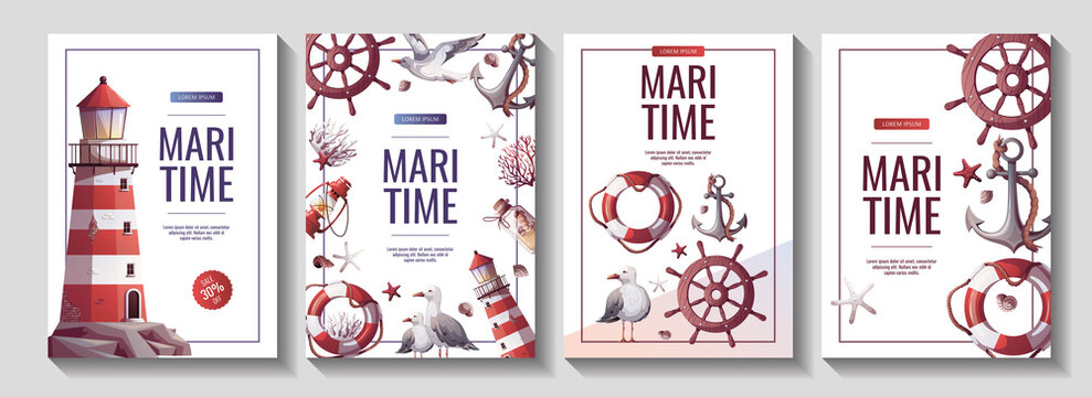 Sewt of flyers with lighthouse, ship's steering wheel, anchor, lifebuoy, sand bottle, corals, seagulls, seashells. Maritime, sea coast, marine life, nautical concept. Vector illustrations.