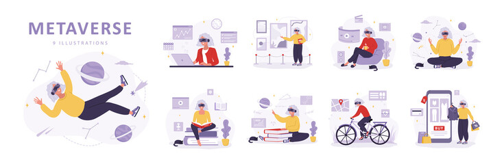 Metaverse and Virtual reality concept. Elderly women in VR glasses learning, meditating, working and doing sport. Modern technological entertainment. Set of vector illustrations in cartoon style.