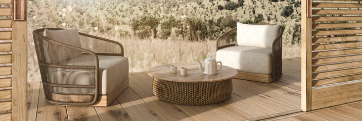 Fototapeta na wymiar Modern interior design outdoor terrace with furniture.