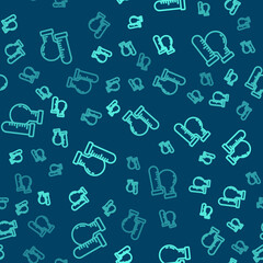 Green line Test tube and flask chemical laboratory test icon isolated seamless pattern on blue background. Laboratory glassware sign. Vector