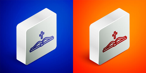 Isometric line Holy bible book icon isolated on blue and orange background. Silver square button. Vector