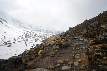 Rocky trail pathway with natural landscape view of snowcapped mountain range with cloudy blue sky- Himalayas ridge, Nepal