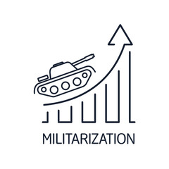 Tank and growth graph. Militarization. Building up military potential and capabilities. Vector linear icon isolated on white background.