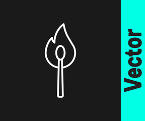 White line Burning match with fire icon isolated on black background. Match with fire. Matches sign. Vector