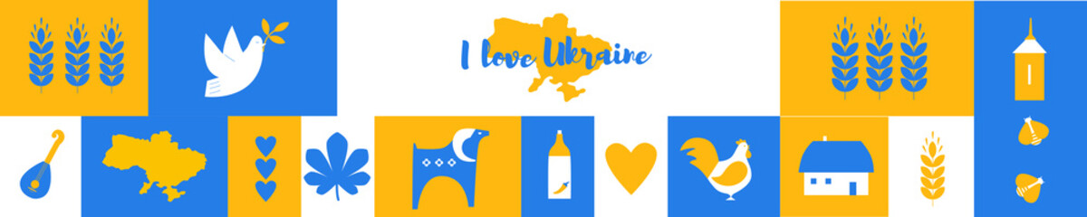Ukrainian flag with a Pray for Ukraine concept icon set. Simple flat illustration. Save from Russia set banner for media. Vector illustration. Yellow and blue colors. No war