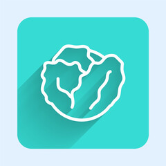 White line Fresh cabbage vegetable icon isolated with long shadow background. Green square button. Vector
