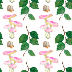 Watercolor mushrooms, leaves on white background. Botanical illustration for postcards, posters, textile design.