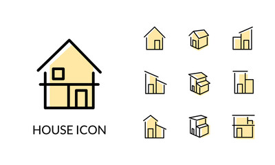 シンプルな家の線と塗りがあるアイコンセット