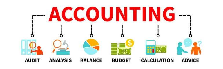 Accounting Banner Vector Illustration providing the systems for audit analyze calculate budgeting business financial with graphs analysis icons