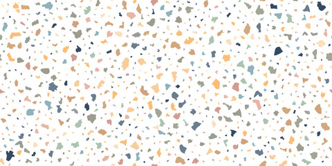 Terrazzo seamless pattern composed of pieces of granite, quartz, glass and stone. Marble floor texture. White classic paving design. Abstract wall background. Retro venetian stone material