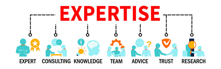 Expertise Banner Vector Illustration Concept with Intern Consulting Expert Knowledge Team Advice Trust Research icons