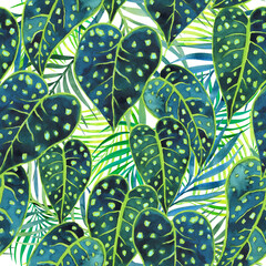Exotic jungle foliage, watercolor leaves seamless tropical pattern © AineGing