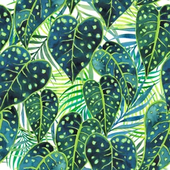 Gardinen Pflanzen Muster  Exotic jungle foliage, watercolor leaves seamless tropical pattern  © AineGing