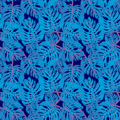 Beautiful seamless floral summer pattern background with tropical palm leaves.