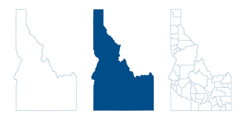Idaho map. Detailed blue outline and silhouette. Administrative divisions and counties. Set of vector maps. All isolated on white background. Template for design and infographics.