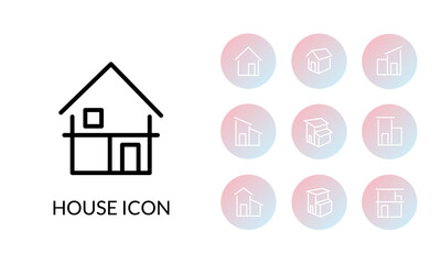 シンプルな家の線とグラデーションの塗りがあるサークルアイコンセット