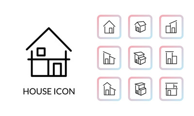 シンプルな家の線とグラデーションの塗りがある角丸のアイコンセット