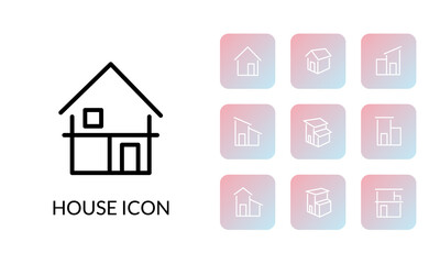 シンプルな家の線とグラデーションの塗りがある角丸のアイコンセット