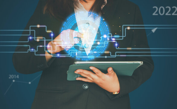 Businesswoman using smartphone to do online errands and communication too future technology. Connecting data to the world by internet technology, big data, searching for information, online marketing.