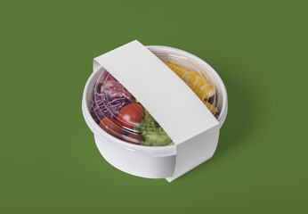Takeaway food container round box mockup with vegetable and fruit, copy space for your logo or graphic design