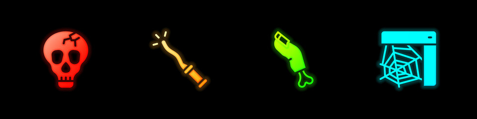 Set Skull, Magic wand, Zombie finger and Spider web icon. Vector
