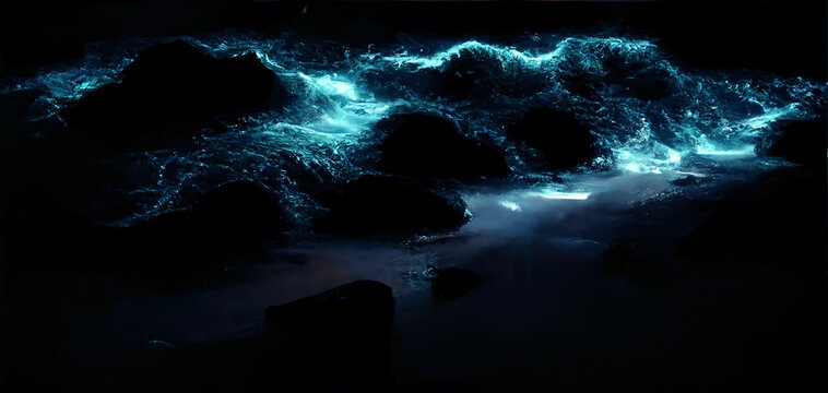 Night fantasy seascape with beautiful waves and foam. Night view of the ocean. Neon foam on water waves. Reflection in the water of the starry sky. 3D illustration. © MiaStendal