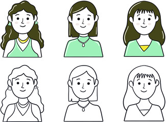 Minimal Face Girl. Simple female character face or profile in outline and saturated color.