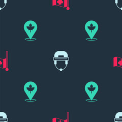 Set Flag of Canada, Hockey helmet and Canadian maple leaf on seamless pattern. Vector