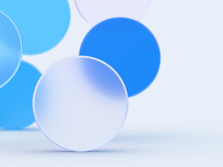 3D rendered illustration with glass cylinders in blue colors. A minimal abstract scene with geometrical forms on a light background. Set of Geometric shapes in a dynamic composition.