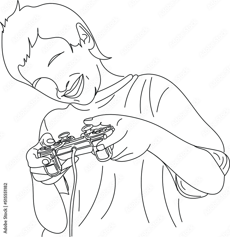 Wall mural Video game playing kid vector, Sketch drawing of young boy holding video game remote, line art illustration of video game player