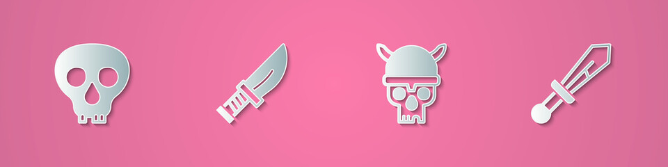 Set paper cut Skull, Dagger, with viking helmet and Medieval sword icon. Paper art style. Vector