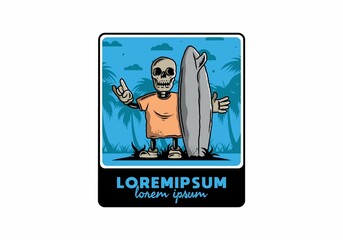 Little skull holding a surfing board illustration design