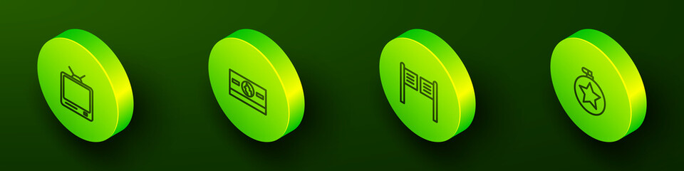 Set Isometric line Retro tv, Stacks paper money cash, Saloon door and Canteen water bottle icon. Vector