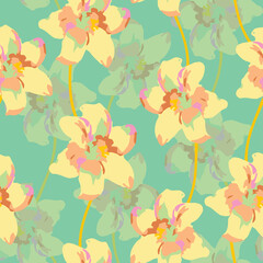 seamless pastel flowers pattern on green background , greeting card or fabric