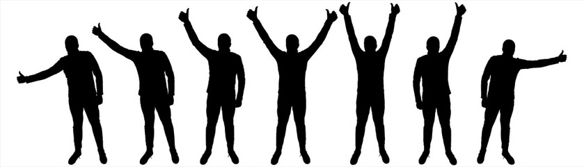 The guy stands exactly with his hands up and shows a gesture of "thumb up". Hitchhiking. Man in full face. Character for the animation movement. Set of seven black male silhouettes isolated on white