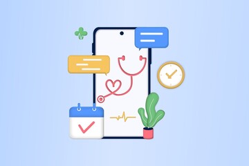 Online medical consultation on mobile app through the phone screen. Online medical clinic, tele medicine, online healthcare, online doctor consultation, digital health concept. 3d vector illustration.