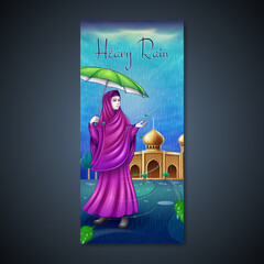 Obraz premium illustration of heavy rain with illustration of a Muslim woman holding an umbrella