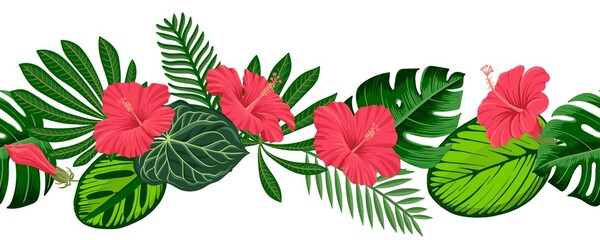 vector drawing tropical garland with green leaves and red hibiscus flowers, floral composition, exotic seamles pattern at white background , jungle border hand drawn illustration © cat_arch_angel