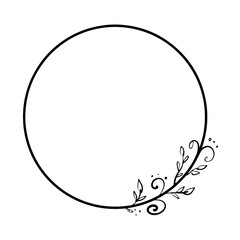 Floral vintage frame in doodle sketch style. Hand drawn romantic circle frame for wedding, card decoration. Vector illustration isolated on white background